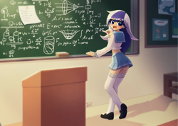 Size: 1688x1200 | Tagged: safe, artist:howxu, imported from derpibooru, minuette, human, alternate hairstyle, ass, butt, chalk, chalkboard, clothes, commission, cute, female, humanized, math, minubetes, open mouth, school uniform, shirt, shoes, skirt, socks, solo, stockings, thigh highs