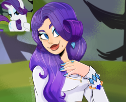 Size: 2540x2057 | Tagged: safe, artist:kat4nadepap3l, imported from derpibooru, rarity, human, pony, unicorn, bust, female, hair over one eye, hand on chest, high res, humanized, lidded eyes, lipstick, mare, mole, scene interpretation, screencap reference, smiling, solo