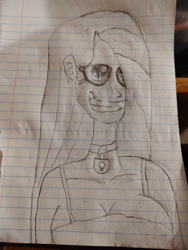 Size: 828x1104 | Tagged: safe, artist:pinkamenafan1243, imported from derpibooru, oc, oc:obsidian pie, breasts, choker, cleavage, creepy, creepy smile, lined paper, lock, obsidian pie, sketch, smiling, solo, thousand yard stare, traditional art