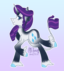 Size: 2408x2651 | Tagged: safe, artist:mitexcel, imported from derpibooru, rarity, classical unicorn, pony, unicorn, alternate design, blue eyes, cloven hooves, cutie mark, g4, horn, leonine tail, long mane, long tail, pruple mane, purple tail, redesign, solo, tail, unshorn fetlocks, white coat