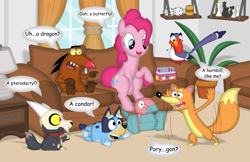 Size: 1111x719 | Tagged: safe, artist:porygon2z, imported from derpibooru, pinkie pie, beaver, bird, dog, earth pony, fox, pony, porygon, angry beavers, australian cattle dog, bluey, bluey heeler, charades, couch, crossover, curtains, daggett doofus beaver, dialogue, disney, dora the explorer, female, g4, hornbill, king clawthorne, male, mare, pokémon, sitting, swiper, the lion king, the owl house, window, zazu