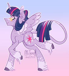 Size: 2408x2651 | Tagged: safe, artist:mitexcel, imported from derpibooru, twilight sparkle, alicorn, classical unicorn, pony, unicorn, blue mane, bun, cloven hooves, glasses, horn, leonine tail, long tail, pink eyes, purple coat, solo, tail, twilight sparkle (alicorn), unshorn fetlocks