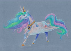 Size: 6732x4851 | Tagged: safe, artist:cahandariella, imported from derpibooru, princess celestia, alicorn, horse, colored pencil drawing, crown, hoers, jewelry, large wings, missing accessory, partially open wings, peytral, realistic, regalia, running, solo, sternocleidomastoid, traditional art, wings