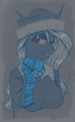 Size: 800x1300 | Tagged: safe, artist:stray prey, imported from derpibooru, oc, oc only, oc:sinfonie, anthro, bust, clothes, hat, jacket, longmoran, scarf, solo