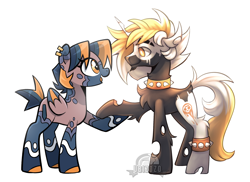 Size: 2400x1746 | Tagged: safe, artist:ubizozo, imported from derpibooru, oc, oc only, changeling, hybrid, pegasus, pony, unicorn, chest fluff, coat markings, collar, duo, eyebrow slit, eyebrows, facial markings, female, hoof hold, leg fluff, male, mare, oc x oc, shipping, simple background, spiked collar, spiked wristband, stallion, straight, watermark, white background, wristband