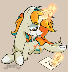Size: 1704x1814 | Tagged: safe, artist:ubizozo, imported from derpibooru, oc, oc only, pony, unicorn, curved horn, drawing, horn, lying down, magic, paper, pencil, prone, simple background, solo, telekinesis