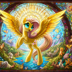 Size: 1536x1536 | Tagged: safe, imported from derpibooru, fluttershy, bird, pegasus, pony, ai content, ai generated, colorful, critters, female, g4, generator:dall-e 3, looking up, mare, nature, prompter:tyto4tme4l, smiling, solo, spread wings, stained glass, sun, water, wings
