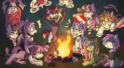 Size: 1634x893 | Tagged: safe, artist:ubizozo, imported from derpibooru, oc, oc only, alicorn, bat pony, changeling, earth pony, hybrid, pony, unicorn, alicorn oc, among us, campfire, chest fluff, clothes, curved horn, ear piercing, facial hair, female, food, glasses, goatee, group, hammock, hanging, hanging upside down, hoodie, horn, jewelry, leonine tail, magic, male, mare, marshmallow, meat, necklace, piercing, sausage, speech bubble, spiked wristband, stallion, tail, telekinesis, tongue out, upside down, wings, wristband