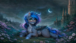 Size: 4080x2304 | Tagged: safe, imported from derpibooru, princess luna, alicorn, pony, ai content, ai generated, blue fur, blue hair, blue skin, blushing, butt, butt fluff, castle, chest fluff, dock, ear fluff, female, flower, fluffy, g4, garden, green eyes, high res, horn, looking at you, lying down, moon, plot, prompter:kalmar, solo, tail, wallpaper, wings