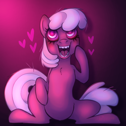 Size: 2000x2000 | Tagged: safe, artist:ubizozo, imported from derpibooru, cheerilee, earth pony, pony, chest fluff, female, gradient background, heart, hearts and hooves day, hypno eyes, kaa eyes, love poison, mare, sitting, solo