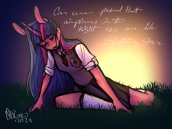 Size: 1600x1200 | Tagged: safe, artist:ubizozo, imported from derpibooru, twilight sparkle, human, aeroplanes and meteor showers, airplanes (song), blazer, clothes, curved horn, eared humanization, female, horn, horned humanization, humanized, meme, school uniform, sitting, skirt, solo, stars, sunset