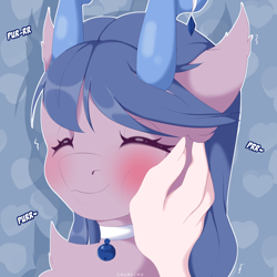 Size: 3500x3500 | Tagged: safe, artist:chura chu, imported from derpibooru, oc, oc:blubbery bell, earth pony, human, pony, behaving like a cat, bell, bell collar, blushing, bust, chest fluff, collar, coral, cute, female, hand, horns, human on pony petting, mare, petting, portrait, purring, shy, smiling, solo