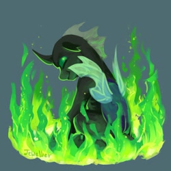 Size: 807x807 | Tagged: safe, artist:jewellier, imported from derpibooru, changeling, pony, changeling wings, fire, green background, green fire, looking at you, looking back, looking back at you, rear view, simple background, solo, wings