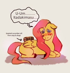 Size: 1080x1132 | Tagged: safe, artist:punkittdev, imported from derpibooru, fluttershy, pegasus, pony, blushing, dialogue, food, looking at you, lying down, prone, solo, sushi