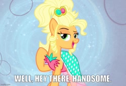 Size: 729x500 | Tagged: safe, edit, edited screencap, imported from derpibooru, screencap, applejack, simple ways, applejewel, caption, clothes, dress, image macro, imgflip, impact font, talking to viewer, text