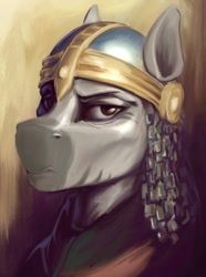 Size: 1560x2100 | Tagged: safe, artist:motley_ad, imported from derpibooru, oc, zebra, equestria at war mod, armor, bust, clothes, gold, helmet, portrait, scythian, solo