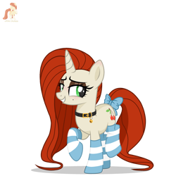 Size: 3000x3000 | Tagged: safe, artist:r4hucksake, imported from derpibooru, oc, oc only, oc:cherry smoothie, pony, unicorn, base used, bell, bell collar, blushing, bow, clothes, collar, eyeshadow, horn, long mane, long tail, looking at you, makeup, mascara, simple background, smiling, smiling at you, socks, solo, standing on two hooves, striped socks, tail, tail bow, transparent background