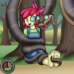 Size: 2000x2000 | Tagged: safe, artist:ordeperv, imported from derpibooru, apple bloom, human, equestria girls, coils, feet, female, fetish, foot fetish, humanized, hypno eyes, hypnosis, hypnotized, kaa, kaa eyes, male, open mouth, open smile, smiling, tickling, tree