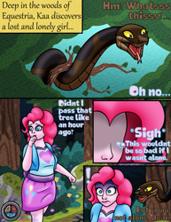 Size: 1265x1635 | Tagged: safe, artist:ordeperv, artist:yuu-chan, imported from derpibooru, pinkie pie, human, snake, comic:kaa and pinkie pie, equestria girls, comic, crying, female, forest, humanized, jungle, kaa, lost, nature, scared, tree