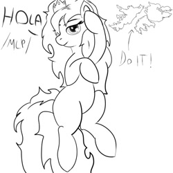 Size: 540x540 | Tagged: safe, anonymous artist, artist:anonymous, imported from twibooru, earth pony, pony, /mlp/, 4chan, argentina, black and white, crown, eye covered by hair, falkland islands, female, fluffy mane, fluffy tail, folded forelegs, grayscale, hair covering face, huggable, ico el caballito valiente, ico the brave little horse, image, jewelry, lineart, long tail, looking at you, mane covering eye, mare, monochrome, needs more jpeg, preciosa, princess, princess preciosa, raised leg, regalia, simple background, solo, spanish text, text, war, white background