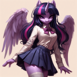 Size: 2048x2048 | Tagged: safe, imported from derpibooru, twilight sparkle, alicorn, anthro, ai content, ai generated, blouse, clothes, generator:bing image creator, miniskirt, school uniform, skirt, solo, twilight sparkle (alicorn)