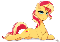 Size: 3508x2480 | Tagged: safe, artist:xiaowu07, imported from derpibooru, sunset shimmer, pony, unicorn, female, g4, looking at you, lying down, mare, prone, simple background, smiling, smiling at you, solo, white background