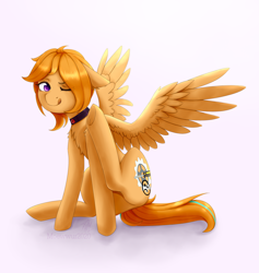 Size: 1800x1900 | Tagged: safe, artist:moewwur, artist:rin-mandarin, imported from derpibooru, oc, oc only, oc:limta, pegasus, pony, pony town, collar, ginger hair, pegasus wings, purple eyes, scratches, scratching, simple background, spread wings, wings, yellow mane