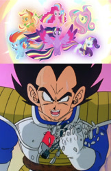 Size: 1056x1632 | Tagged: safe, edit, imported from derpibooru, screencap, applejack, fluttershy, pinkie pie, rainbow dash, rarity, twilight sparkle, crossover, dragon ball, dragon ball z, over 9000, rainbow power, vegeta