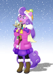 Size: 1036x1508 | Tagged: safe, artist:fluttercord45, imported from derpibooru, discord, screwball, human, boots, clothes, jacket, plushie, shoes, snow, swirly eyes, tongue out