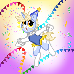 Size: 2000x2000 | Tagged: safe, artist:nootaz, imported from derpibooru, oc, oc only, oc:nootaz, pony, unicorn, confetti, female, gradient background, hat, mare, party hat, solo