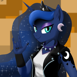 Size: 2153x2160 | Tagged: safe, artist:leddaq, imported from derpibooru, princess luna, anthro, bracer, clothes, collar, devil horn (gesture), ear piercing, earring, jewelry, leather, leather vest, looking at you, piercing, smiling, solo, spiked collar, vest