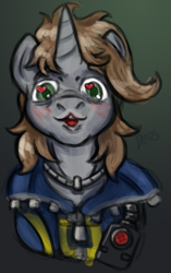 Size: 539x861 | Tagged: safe, artist:devorierdeos, imported from derpibooru, oc, oc:littlepip, pony, unicorn, fallout equestria, bust, clothes, hearts in the eyes, jumpsuit, portrait, simple background, vault suit