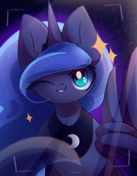 Size: 2100x2700 | Tagged: safe, artist:miryelis, imported from derpibooru, princess luna, alicorn, pony, big eyes, cute, female, horn, long hair, mare, smiling, solo, sparkles, wings
