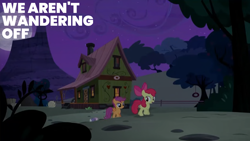 Size: 2000x1125 | Tagged: safe, edit, edited screencap, editor:quoterific, imported from derpibooru, screencap, apple bloom, scootaloo, sweetie belle, pegasus, pony, appleoosa's most wanted, caption, cutie mark crusaders, female, filly, foal, night, text, tree