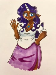 Size: 3024x4032 | Tagged: safe, artist:mylittleyuri, imported from derpibooru, rarity, human, blushing, clothes, cute, dark skin, elf ears, female, horn, horned humanization, humanized, jewelry, marker drawing, necklace, raribetes, shirt, skirt, solo, traditional art, waving