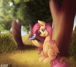 Size: 2294x2000 | Tagged: safe, artist:blankedsoul, imported from derpibooru, fluttershy, bird, pegasus, pony, cute, female, mare, shyabetes, tree