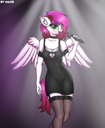 Size: 2470x3000 | Tagged: safe, artist:maxiclouds, imported from derpibooru, oc, oc only, oc:ellie berryheart, anthro, pegasus, big breasts, black dress, black eyeshadow, blushing, bracelet, breasts, clothes, dress, ear fluff, embarrassed, eyeshadow, female, flower, flower in hair, green eyes, jewelry, makeup, microphone, singing, socks, solo, stockings, tail, thigh highs, wings