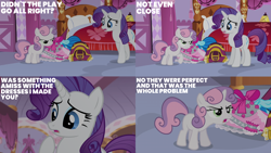 Size: 2000x1125 | Tagged: safe, edit, edited screencap, editor:quoterific, imported from derpibooru, screencap, rarity, sweetie belle, for whom the sweetie belle toils, bed, carousel boutique, clothes, costume, dress