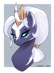 Size: 1520x2037 | Tagged: safe, artist:lummh, imported from derpibooru, oc, oc only, oc:selendis, pony, unicorn, crown, ear piercing, earring, female, glowing, glowing eyes, gray background, horn, horn ring, jewelry, piercing, regalia, ring, simple background, solo, unicorn oc