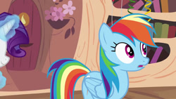 Size: 854x480 | Tagged: safe, imported from derpibooru, screencap, rainbow dash, rarity, pony, daring don't, golden oaks library, offscreen character