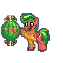 Size: 1023x1023 | Tagged: safe, imported from derpibooru, oc, oc only, oc:feather foot, pegasus, pony, pony town, boop, clothes, food, happy, hazel eyes, male, manepxls, milestone, pixel art, pxls.space, simple background, solo, stallion, sweater, transparent background, watermelon