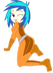 Size: 1749x2397 | Tagged: safe, imported from derpibooru, dj pon-3, vinyl scratch, human, equestria girls, ass, base used, bodysuit, butt, catsuit, clothes, latex, latex suit, looking at you, looking back, looking back at you, one eye closed, simple background, solo, totally spies, vinyl ass, white background, wink, winking at you