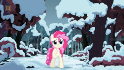 Size: 3464x1948 | Tagged: safe, artist:r4hucksake, imported from derpibooru, oc, oc only, oc:fizzy cider, earth pony, pony, female, forest, mare, nature, recolor, snow, solo, tree