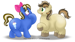 Size: 1189x672 | Tagged: safe, artist:aleximusprime, imported from derpibooru, oc, oc only, oc:place holder, oc:sundae shake, earth pony, pony, blank flank, blushing, bow, commission, duo, duo male and female, fat, female, freckles, hair bow, hoof over mouth, looking at each other, looking at someone, male, mare, oc x oc, open mouth, raised hoof, shipping, simple background, stallion, straight, transparent background, unshorn fetlocks