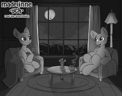 Size: 3492x2743 | Tagged: safe, artist:madelinne, imported from derpibooru, black and white, blanket, commission, cup, grayscale, lamp, monochrome, moon, night, sitting, sketch, sky, stars, table, teacup, window, your character here