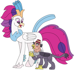 Size: 2528x2350 | Tagged: safe, artist:supahdonarudo, imported from derpibooru, grampa gruff, queen novo, classical hippogriff, griffon, hippogriff, my little pony: the movie, hat, looking at each other, looking at someone, scar, simple background, size difference, transparent background, walking