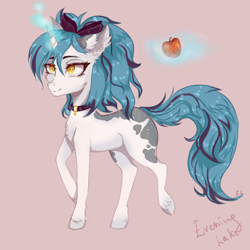 Size: 1500x1500 | Tagged: safe, alternate version, artist:hysteriana, imported from derpibooru, oc, oc only, oc:evening lake, pony, unicorn, amber eyes, apple, blank flank, blue mane, bow, chest fluff, choker, collar, cute, digital art, ear fluff, eyebrows, female, food, full body, hair bow, hooves, horn, levitation, light skin, long tail, looking up, magic, magic aura, orange eyes, pink background, ponytail, signature, simple background, smiling, solo, spots, spotted, tail, telekinesis, unshorn fetlocks