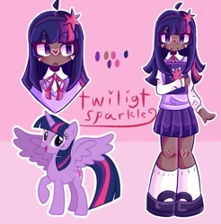 Size: 1280x1300 | Tagged: safe, artist:dangan0fan, imported from derpibooru, twilight sparkle, alicorn, human, pony, blackwashing, book, clothes, cute, dark skin, female, flats, humanized, mare, open mouth, raised hoof, reference sheet, shirt, shoes, skirt, socks, solo, stockings, sweater vest, thigh highs, twiabetes, twilight sparkle (alicorn)