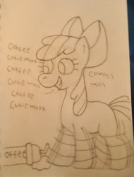 Size: 730x960 | Tagged: safe, artist:denturepony, imported from derpibooru, apple bloom, earth pony, pony, coffee, female, filly, foal, grin, smiling, solo, text, traditional art