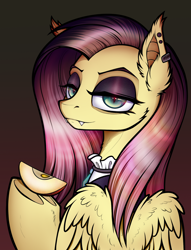 Size: 1300x1700 | Tagged: safe, artist:jehr, imported from derpibooru, fluttershy, pegasus, pony, undead, vampire, fake it 'til you make it, apple, apple slice, clothes, commission, ear piercing, earring, eyebrows, eyeshadow, fangs, female, fluttergoth, food, goth, gradient background, halloween, holding hooves, holiday, jewelry, lidded eyes, lineart, looking at you, makeup, mare, pendant, piercing, pink hair, pink mane, simple background, solo, underhoof, wings